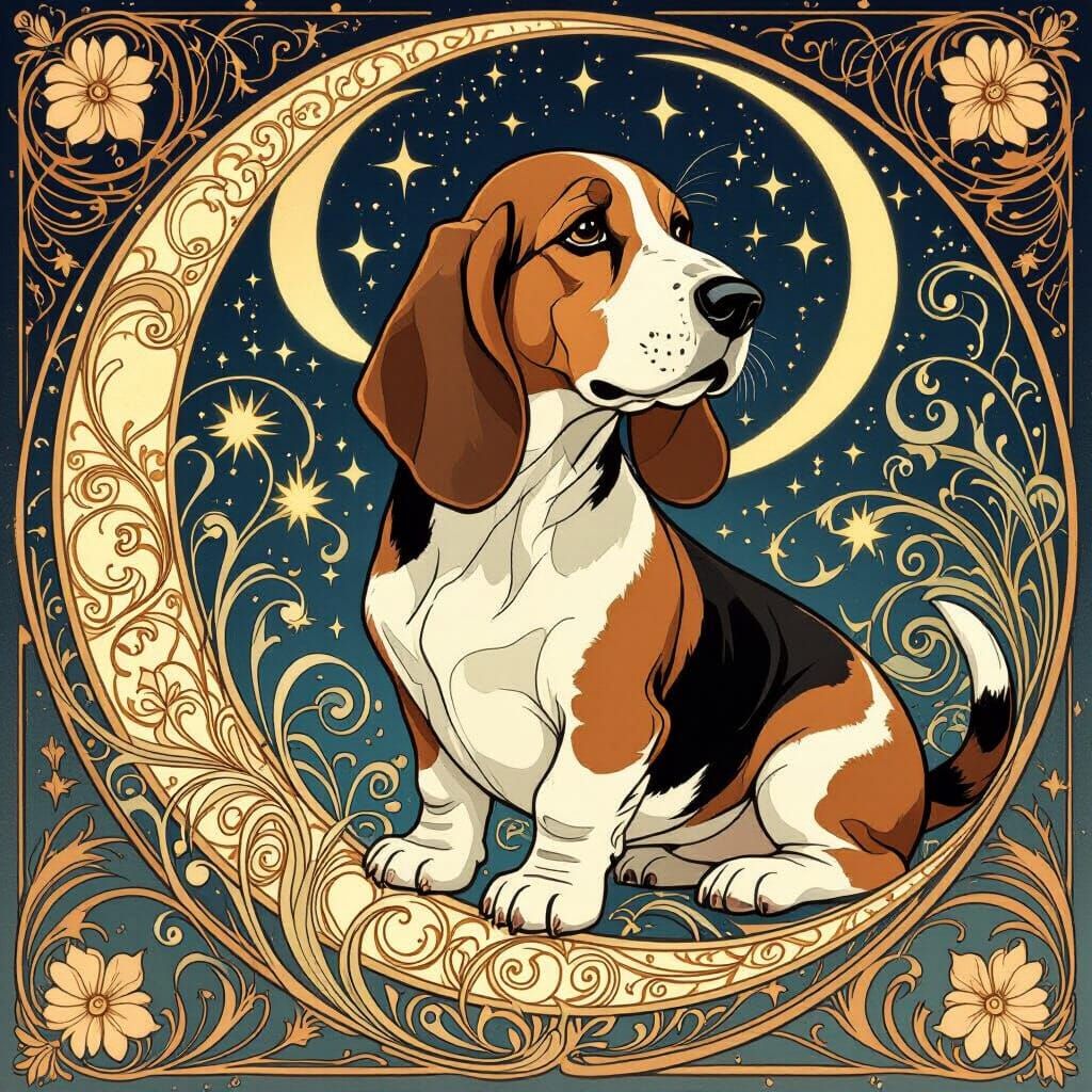 Art Nouveau Basset Hound Celestial Guardian with Stardust