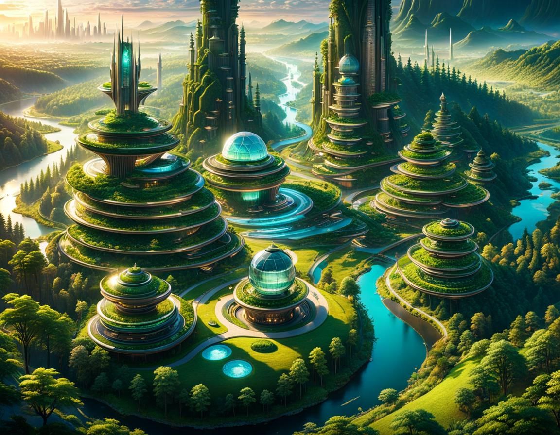 Utopian City and Farmlands at Magic Hour