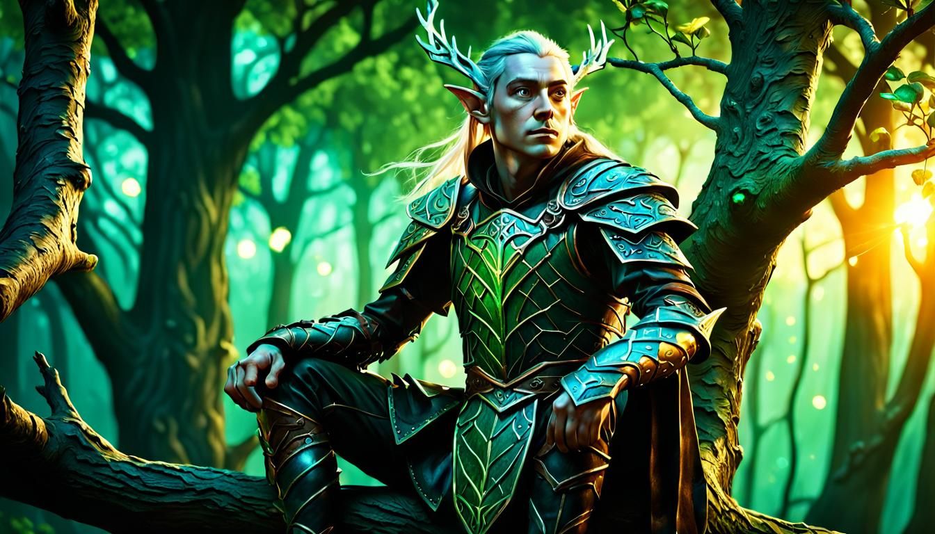 Elven Druid in Forest with Glowing Faeries