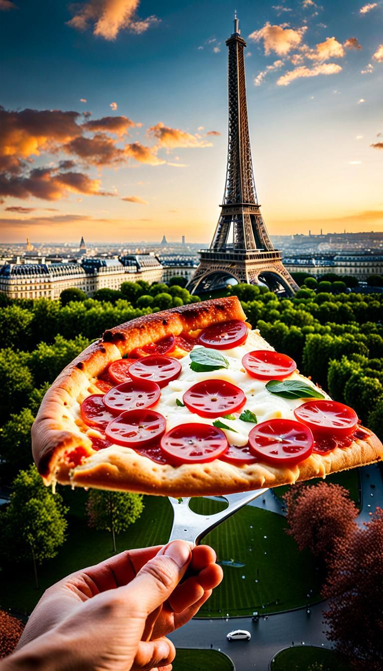 Giant Pizza Slice Overlooking Eiffel Tower