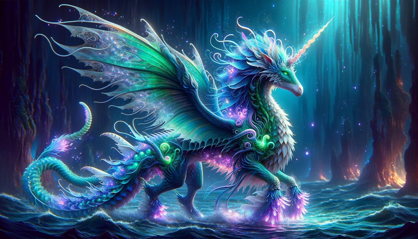 Glowing Forest Dragon Unicorn in the Deep Ocean