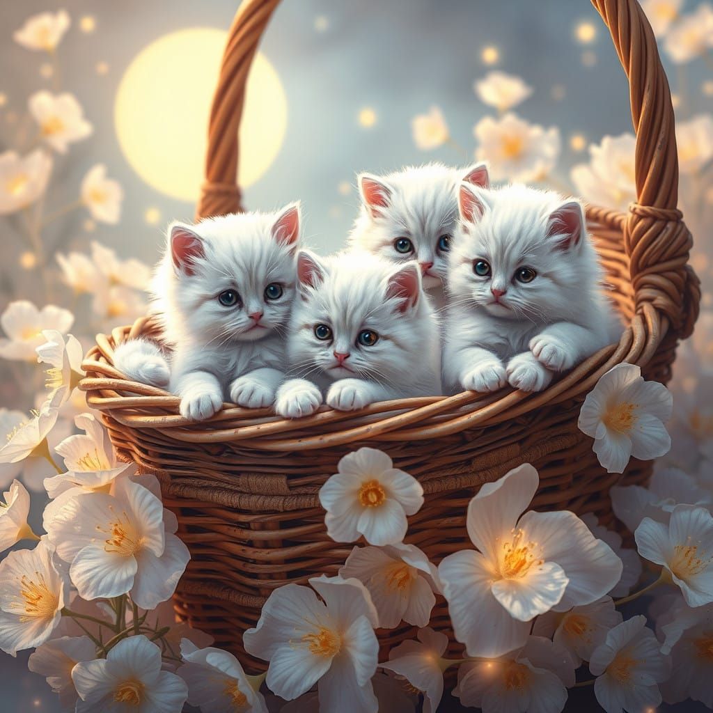 Whimsical Wicker Basket Scene with Persian Kittens and Biolu...