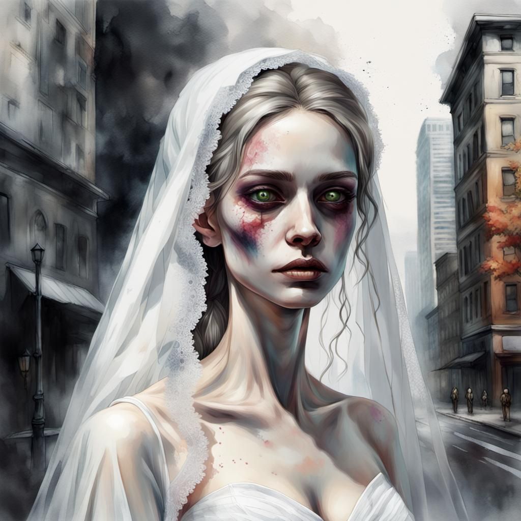 Undead Bride in Glitch Art Cityscape