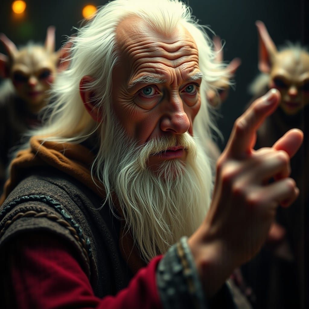 Stern Wizard with Mischievous Gremlins in Hyperrealism