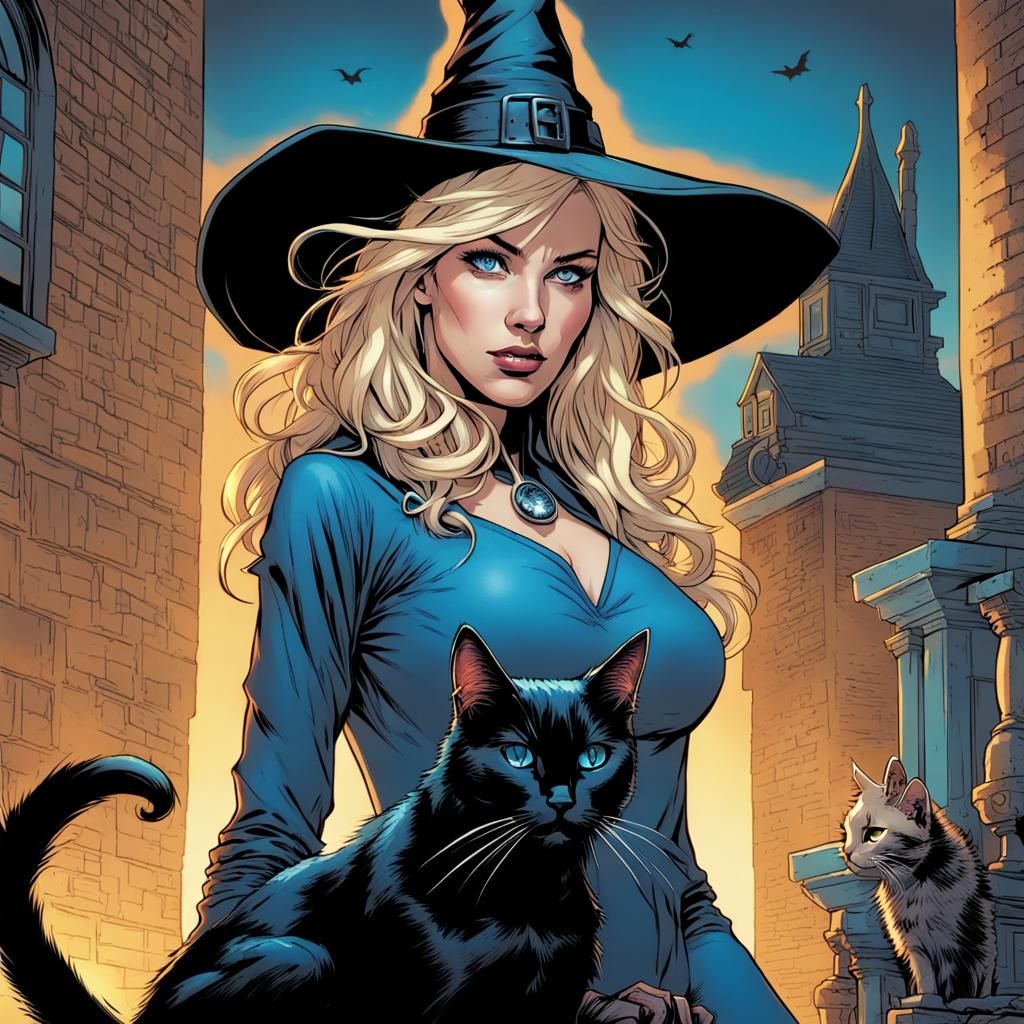 Blonde Witch Posing with Black Cat in Comic Style