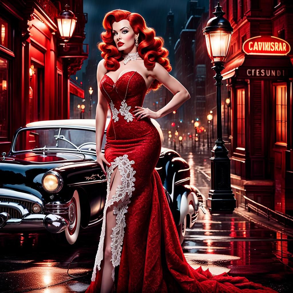 Jessica Rabbit Standing By Her Vintage Red Convertible Cadillac