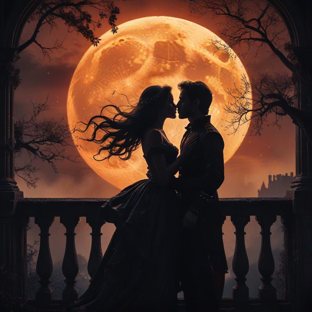Couple Kissing Silhouetted by Blood Moon on Castle