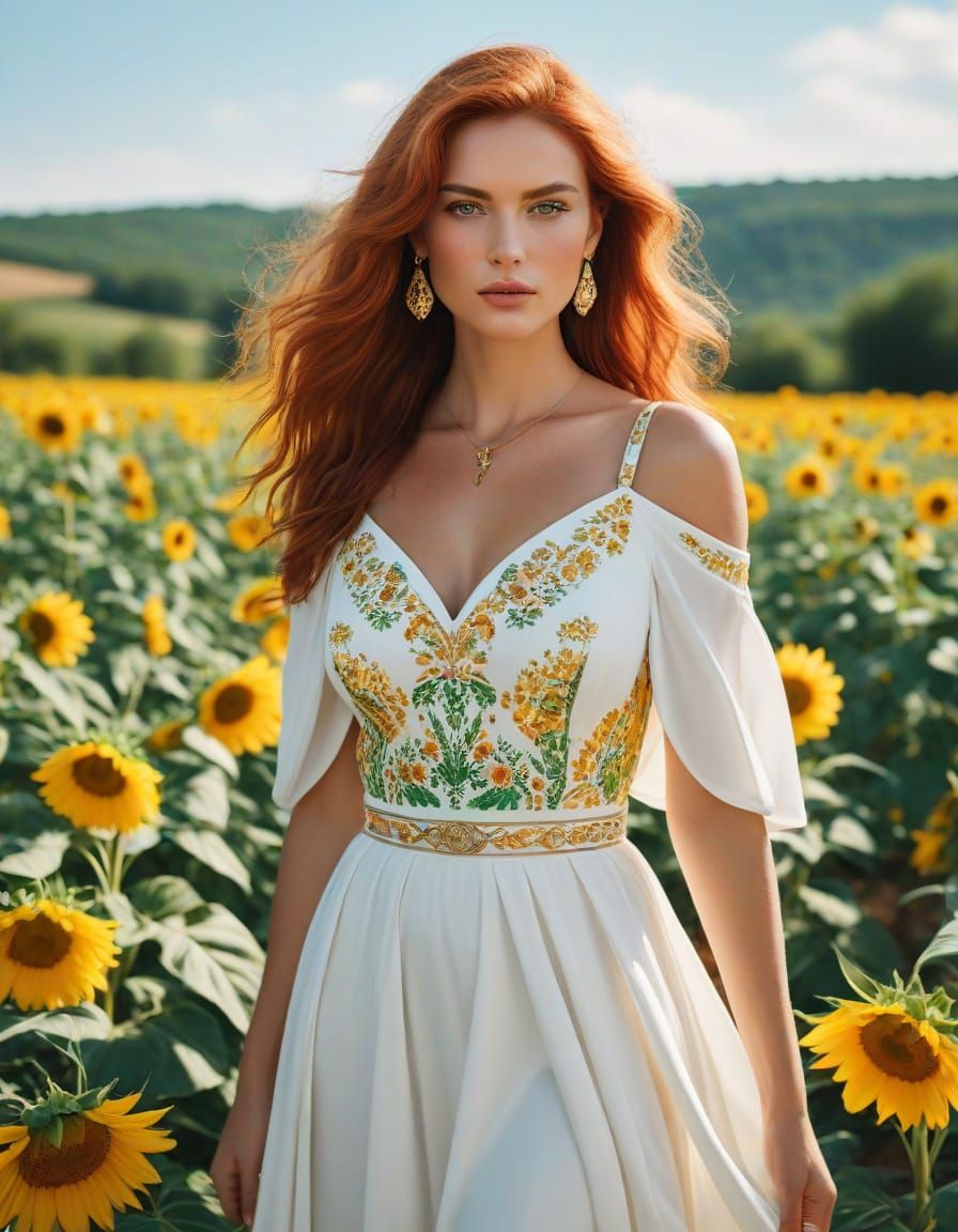 Auburn-Haired Woman in Sunflowers, Slim Aarons Style