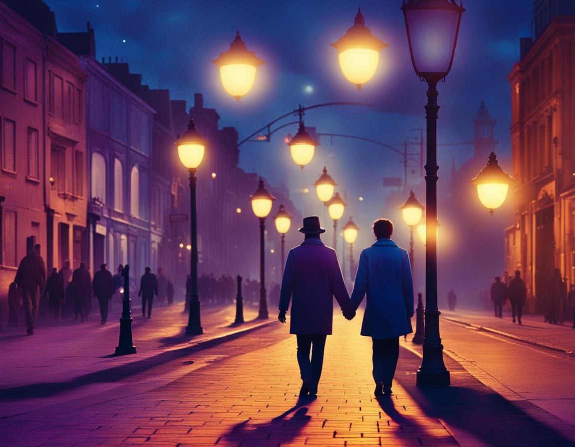 Couple Walking on a Lit Avenue at Night