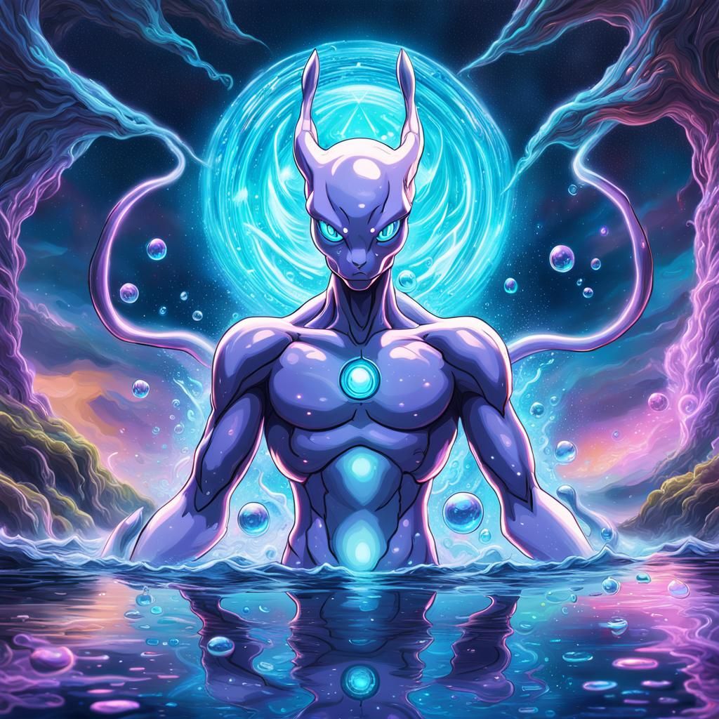Mewtwo in Spiritual Realm with Neon Colors