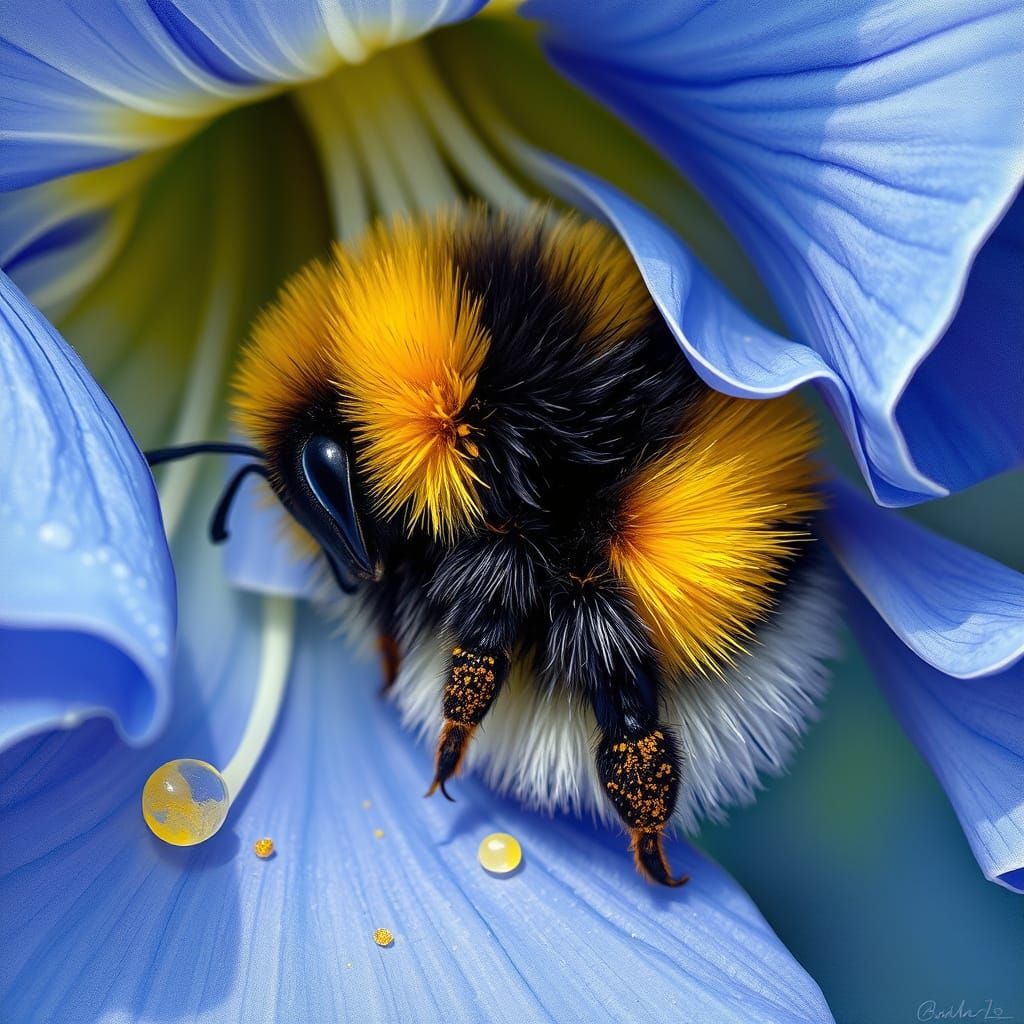 A fat bumblebee's body is buried halfway into flower petals ...