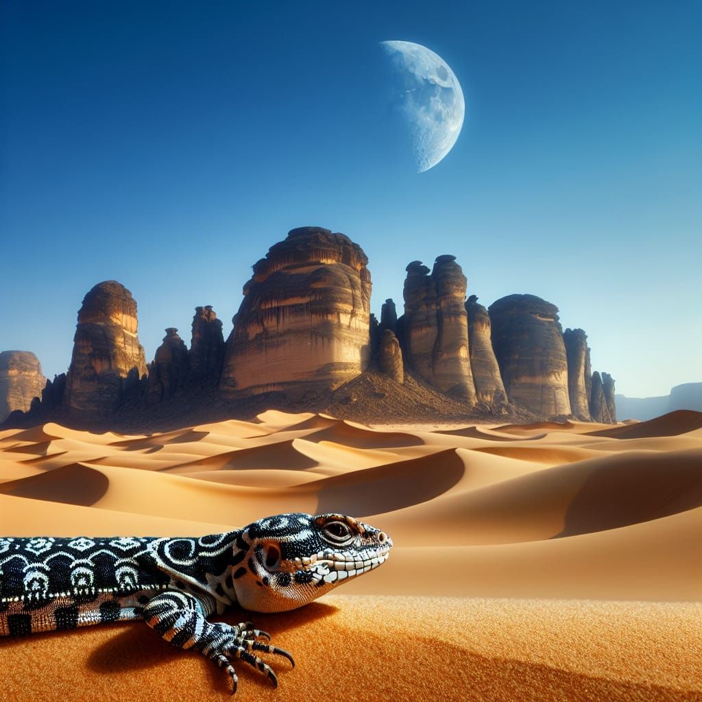 Desert Lizard Basking Under Faint Moon