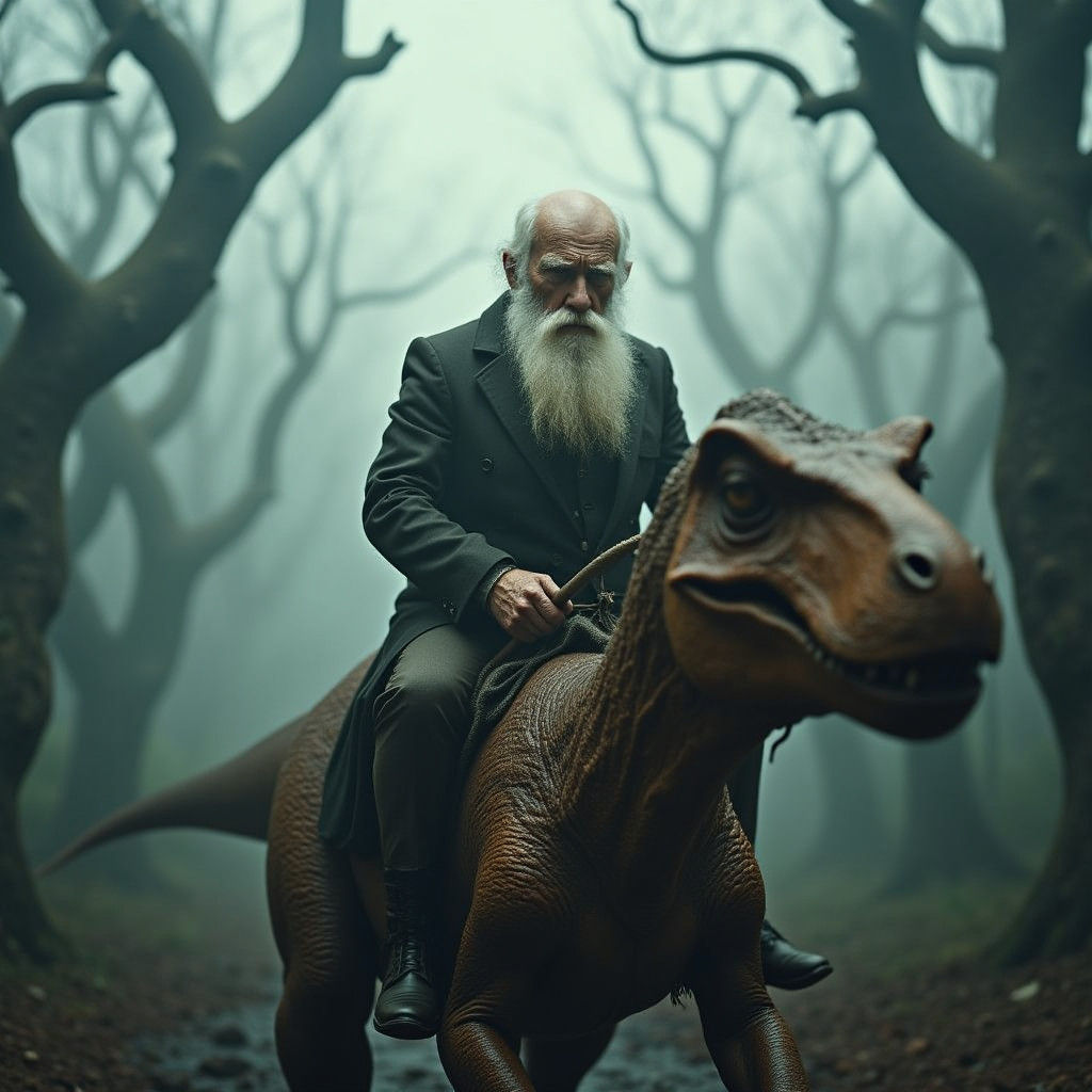 Darwin Rides a Dinosaur in Fantasy Landscape