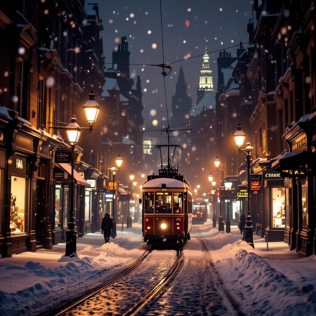 Snowy Edwardian Cityscape at Night in Film Style