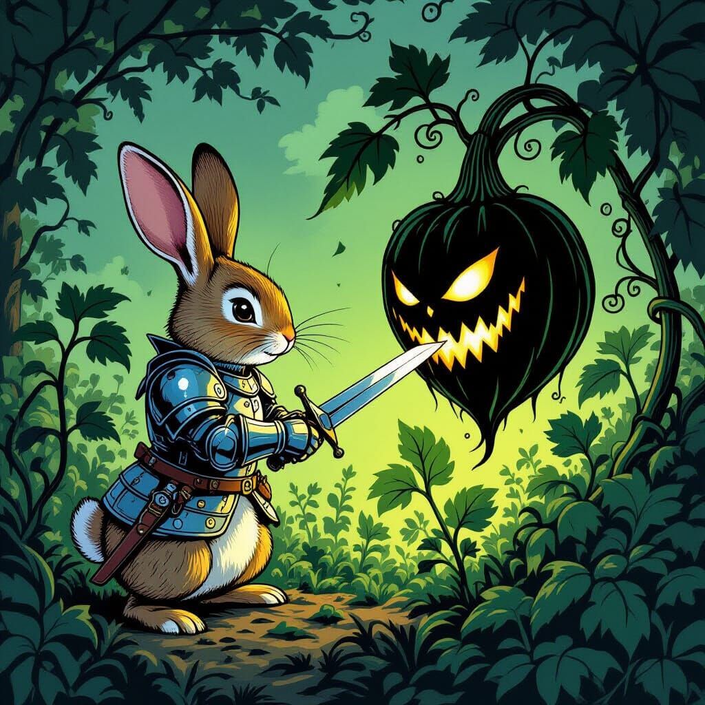 Peter Rabbit as Knight Defends Garden from Monster Turnip