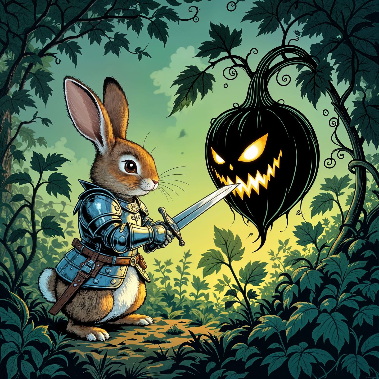 Peter Rabbit Knight Fights Shadow Turnip in Dark Garden