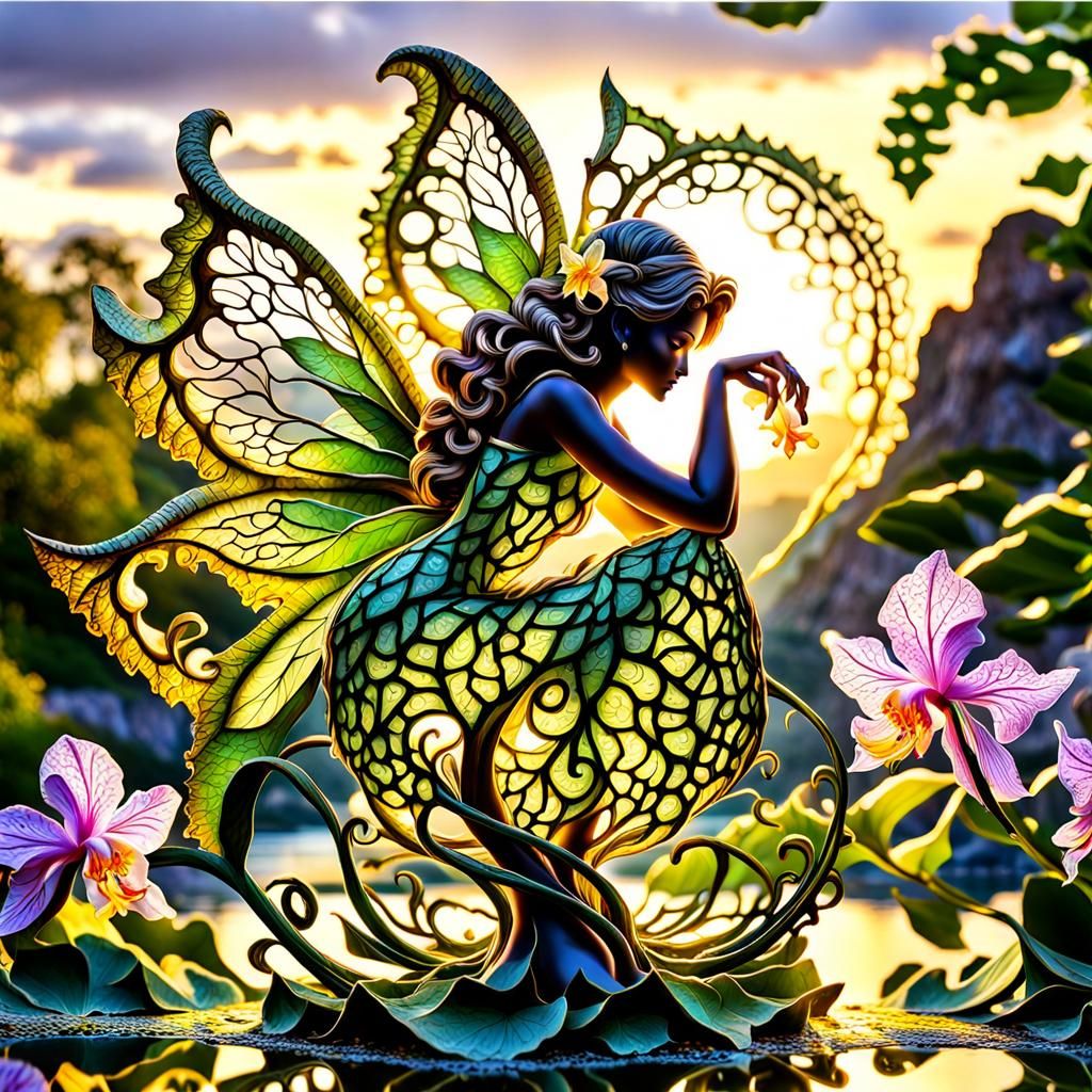 Backlit Fairy in Enchanted Garden at Sunset