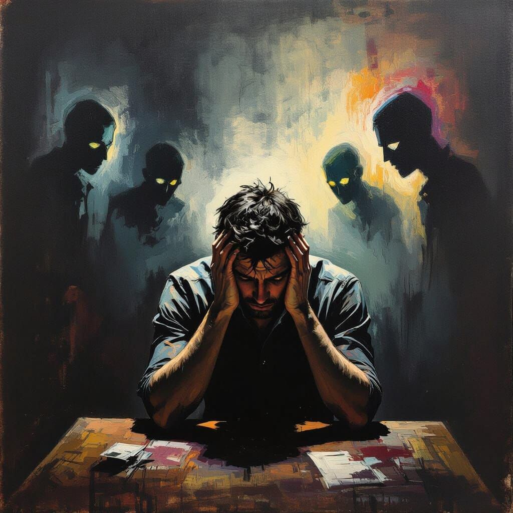 Man's Torment in Shadowy Room - German Expressionist Style