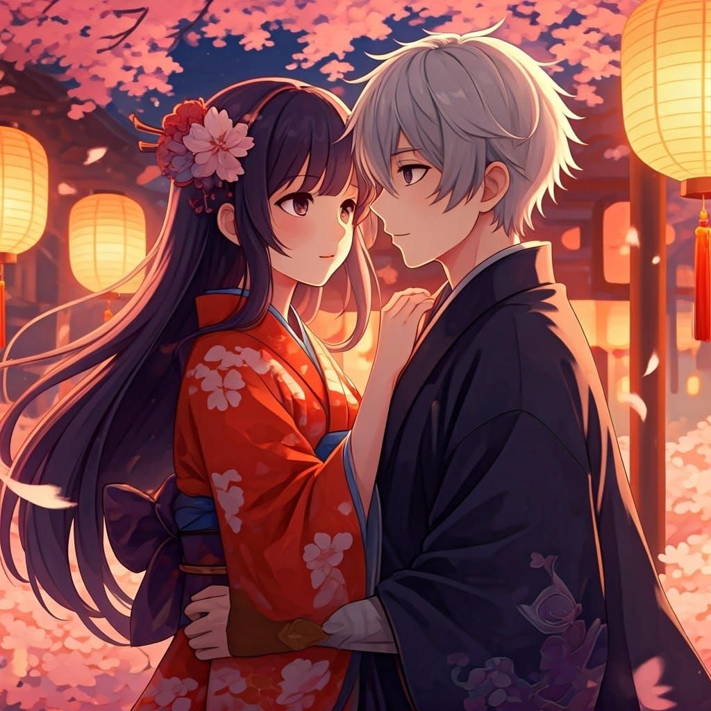 Dreamlike Lovers in Whimsical Cherry Blossom Paradise