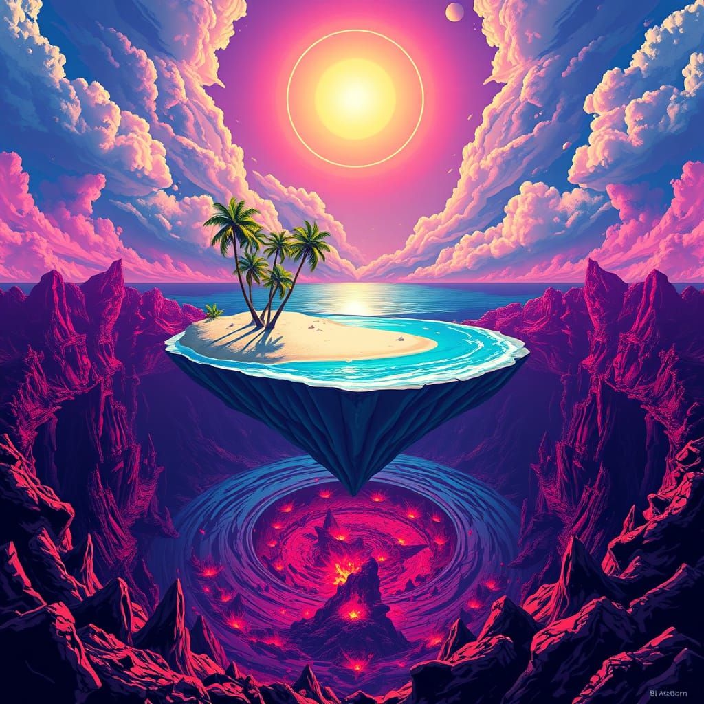 Floating Island Paradise Over Hellish World