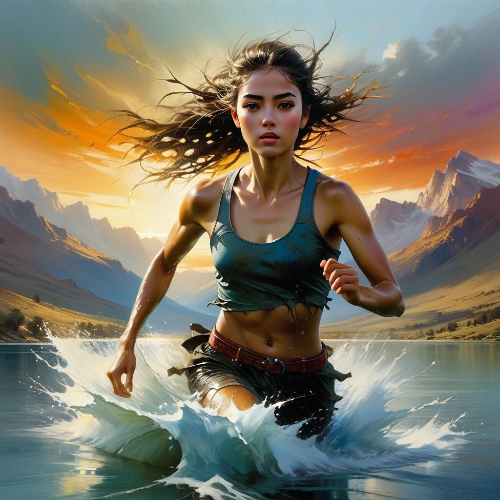 Woman Running in Lake at Sunset: Matte Painting