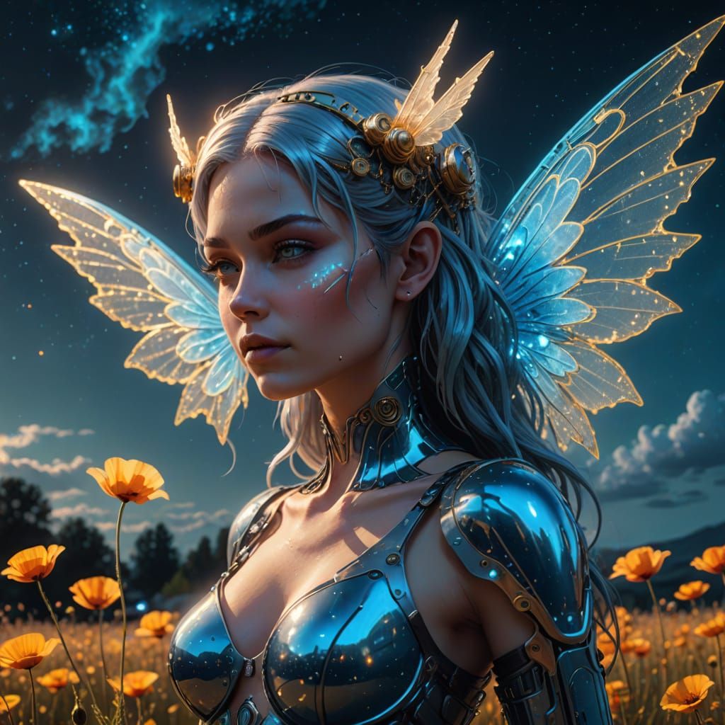 Frost Fairy in Cyberpunk Poppy Field at Sunset