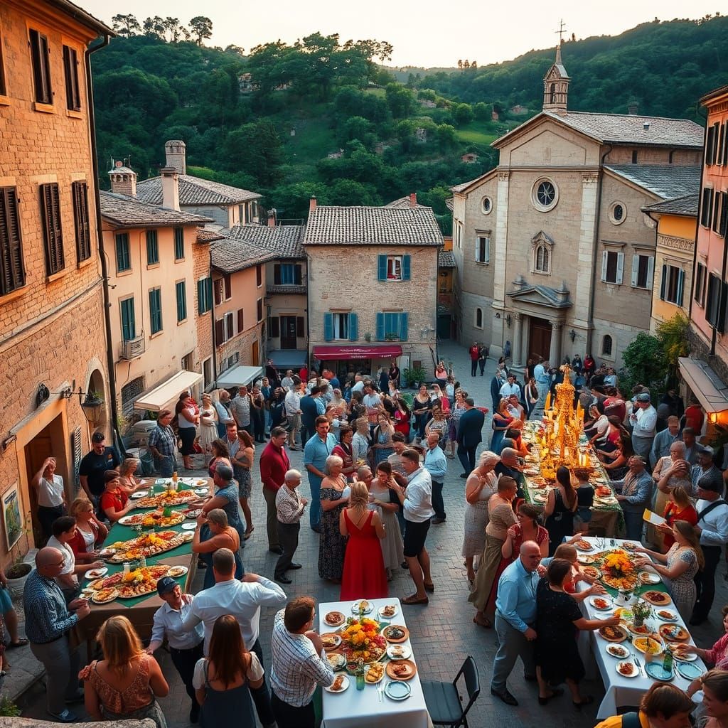 Italian Villagers Celebrate in Town Square at Sunset