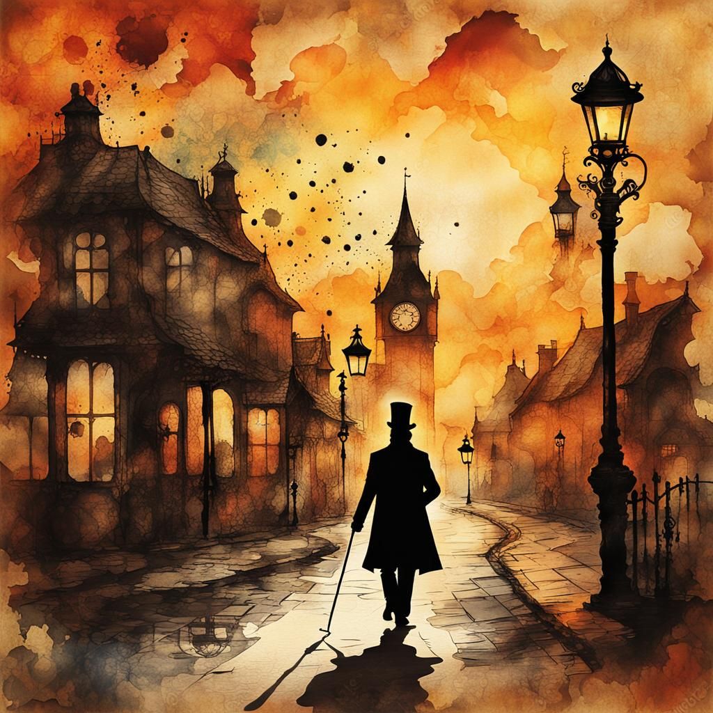 Steampunk Silhouette in Ink Painting Style