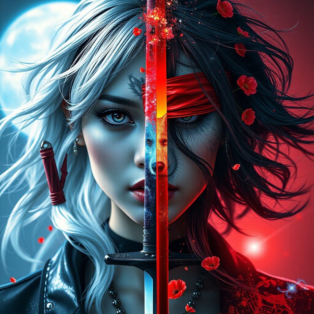 Dual-Faced Goddess with Cybernetic Augmentations and Contras...