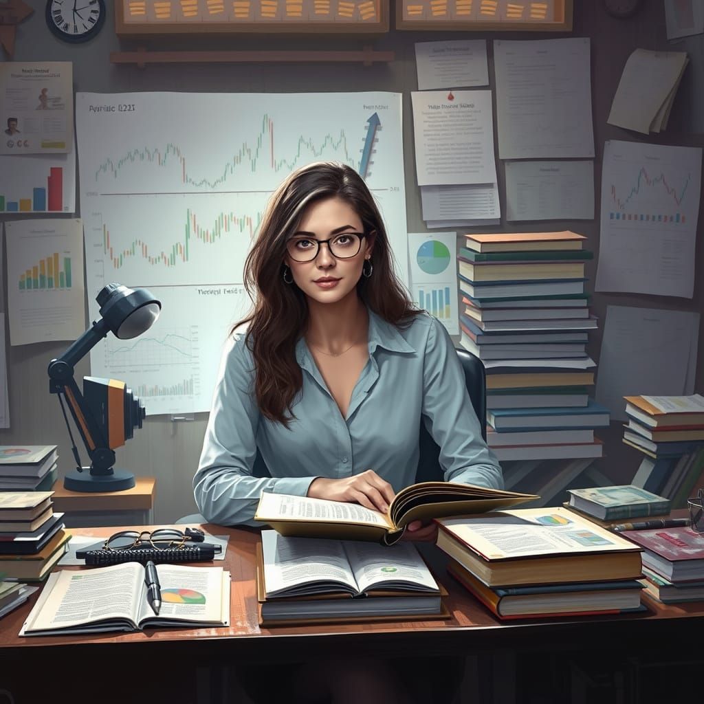 Woman Surrounded by Economics Books in Digital Art