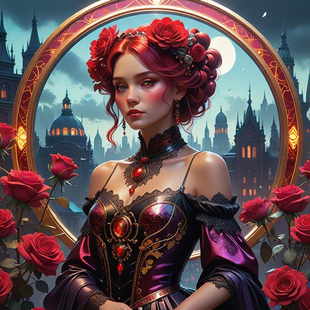 Ethereal Victorian Goddess in Whimsical, Moonlit Cityscape