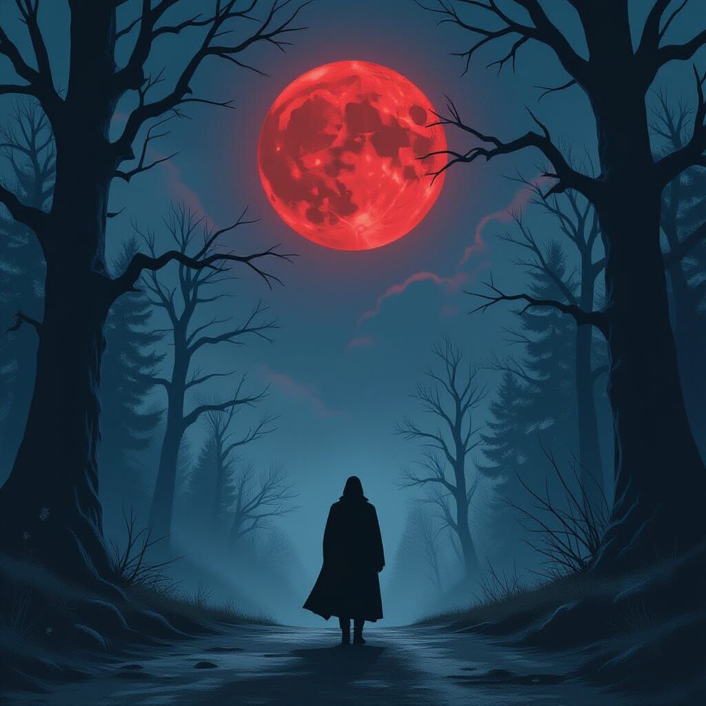 Mystical Crossroads Under Blood Moon, Digital Art