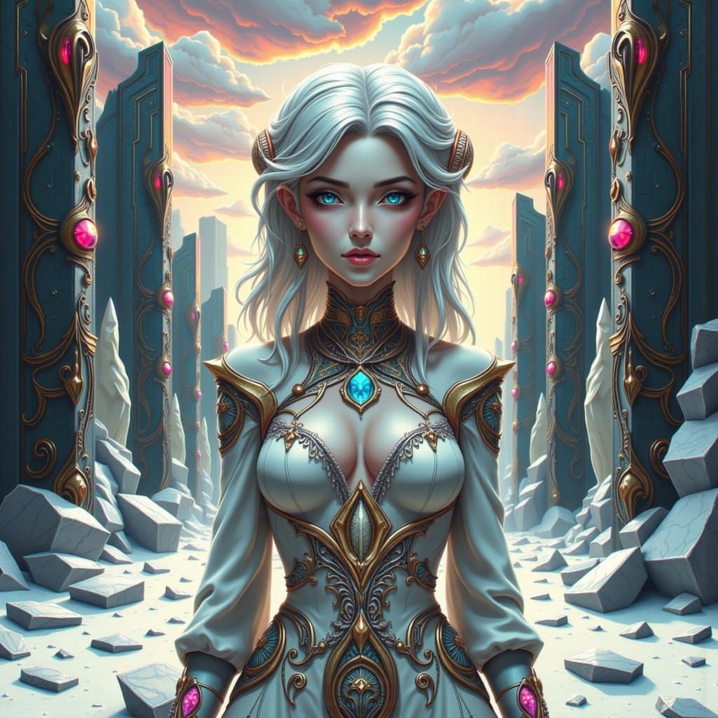 Cosmic Enchantress in Ancient Desert Landscape