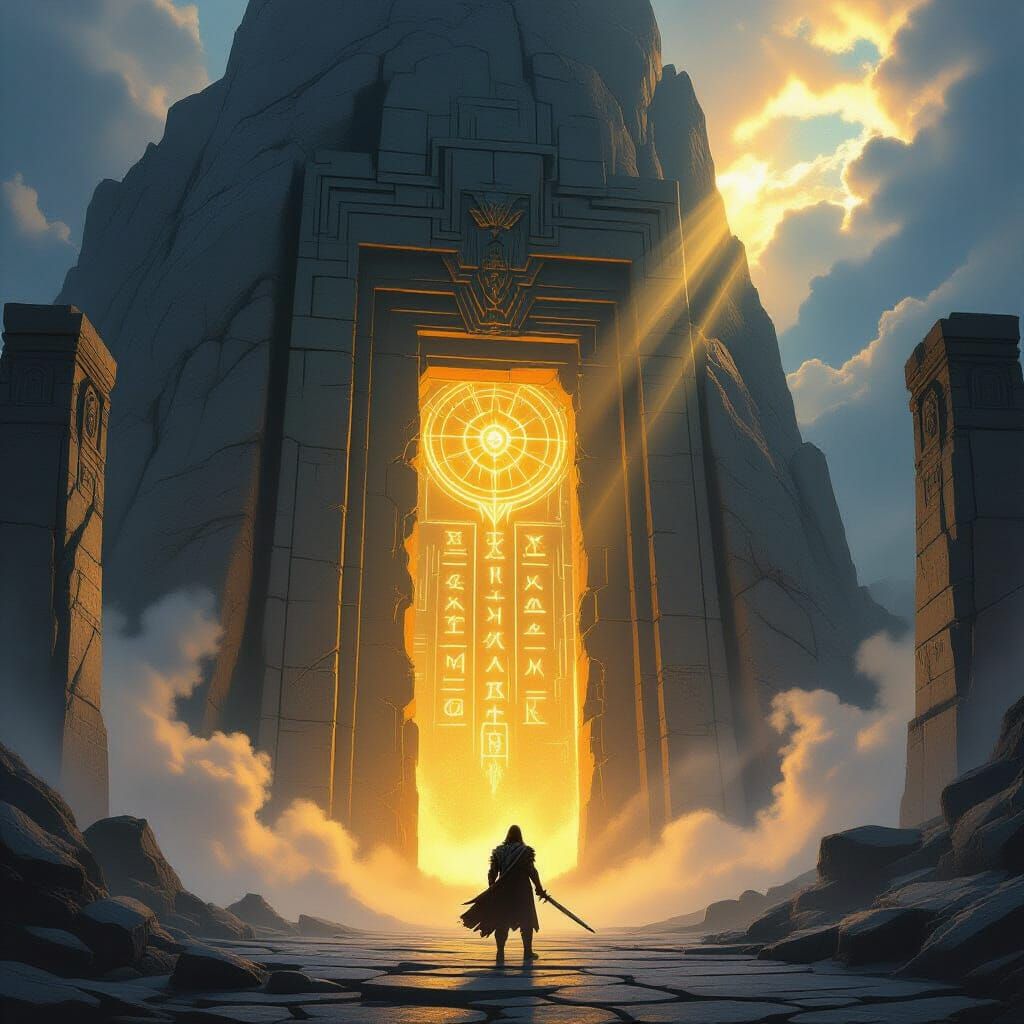 Epic Fantasy Warrior at Mystical Mountain Doorway