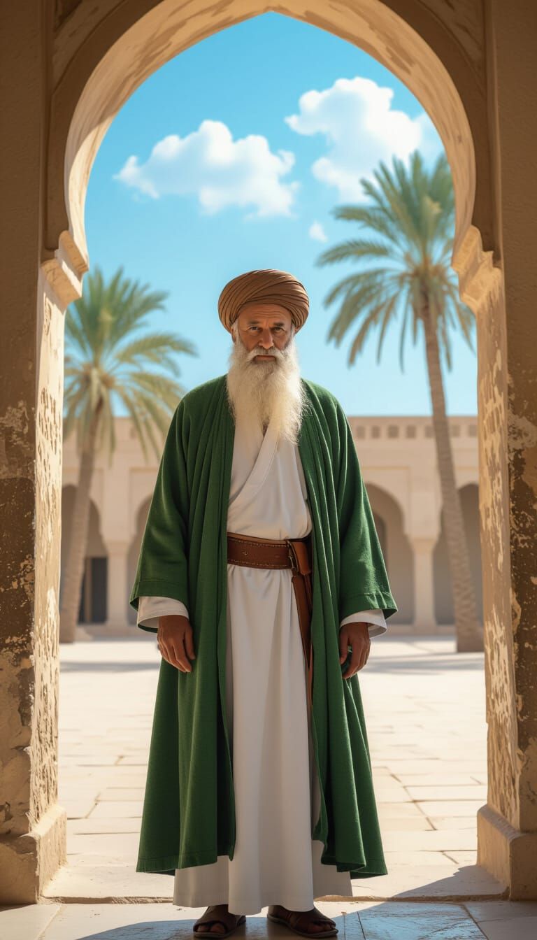 Elderly Darwesh in Green Robe at Old Arabic Mosque