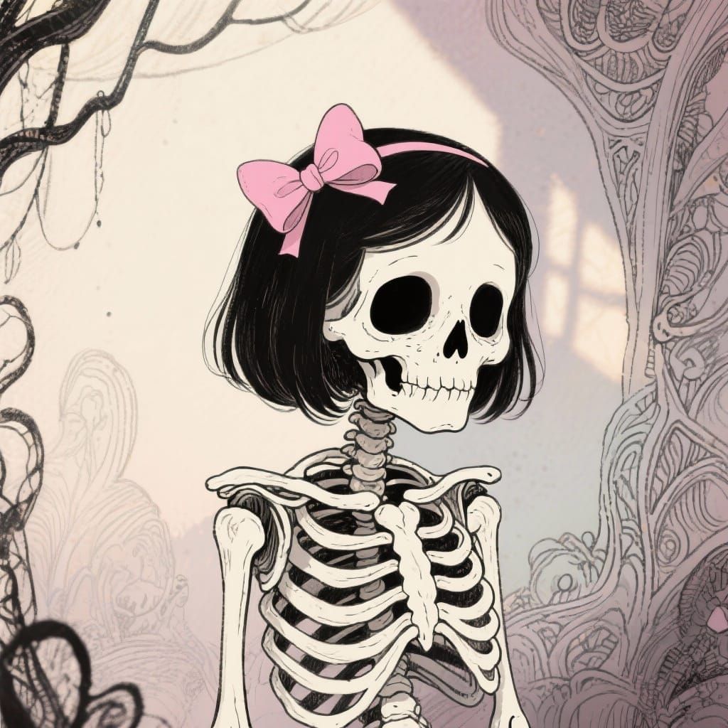 Girl Skeleton with Pink Bow in Whimsical Gothic Style