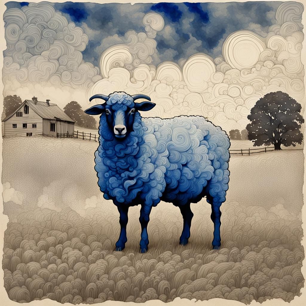 Blue Sheep Under Stormy Sky in Vintage Style