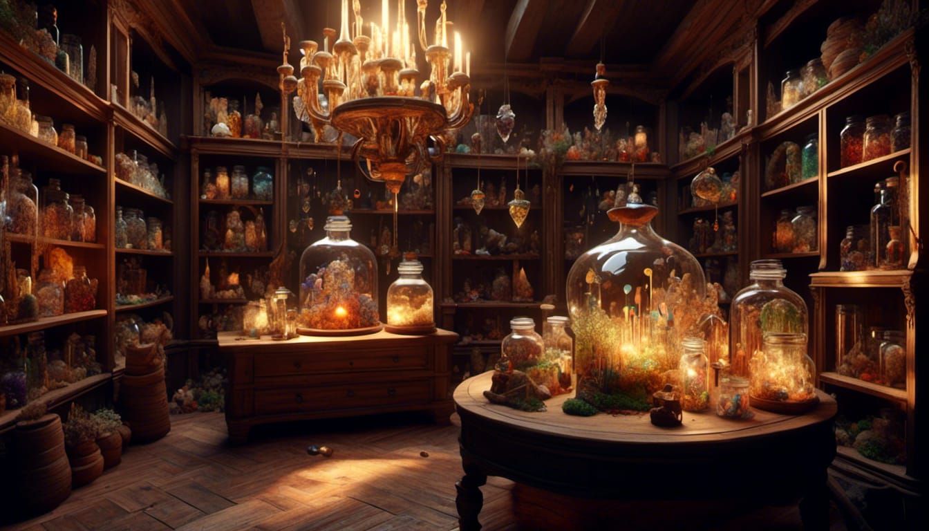 Realistic Wizard's Room with Glass Jars