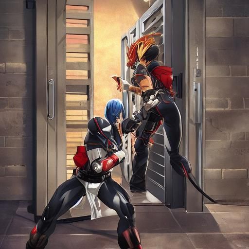 Muscular Girls Breaking Down Metal Door in Anime Style