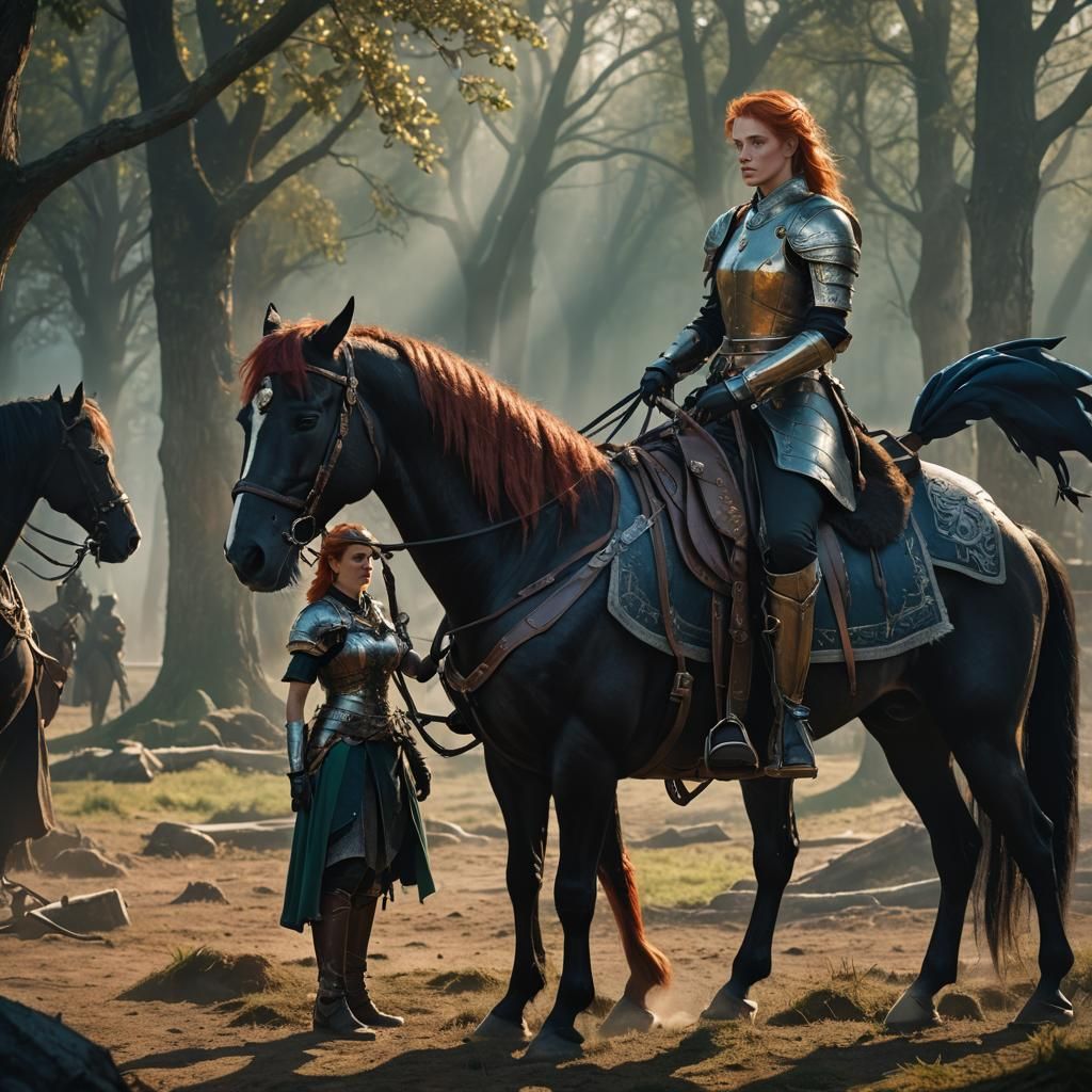 Heroic Red-Haired Warrior Beside a Majestic Black Horse in F...