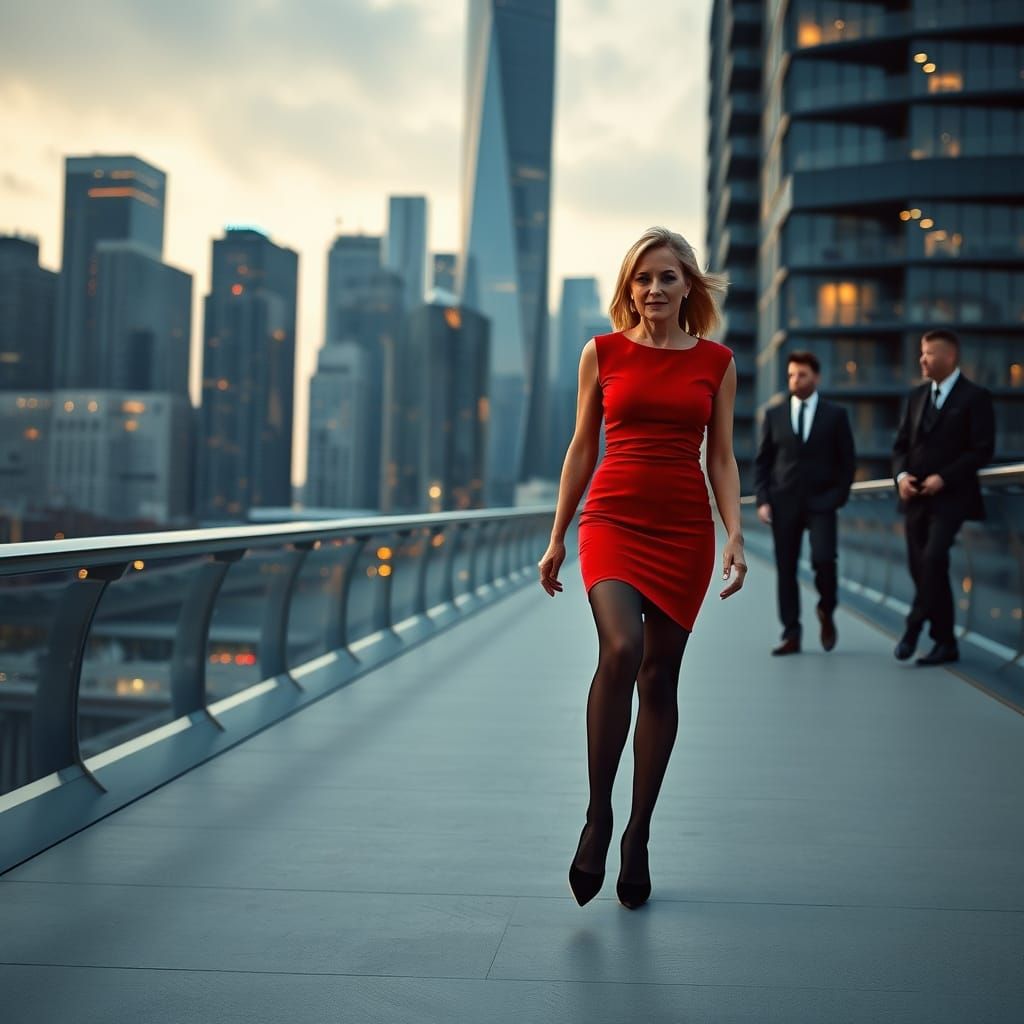 Confident Woman Walks Modern City Bridge