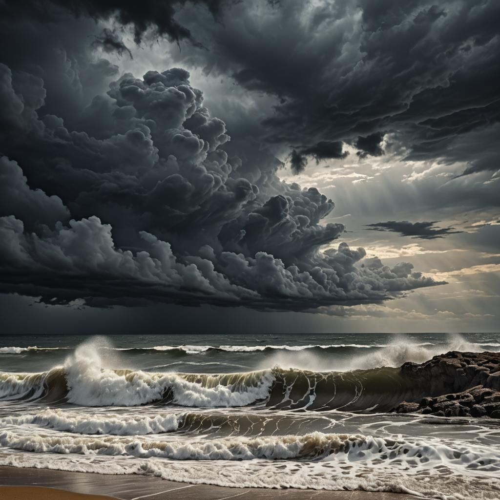 Ominous Skies Above the Beach: Hyperrealistic HDR Image