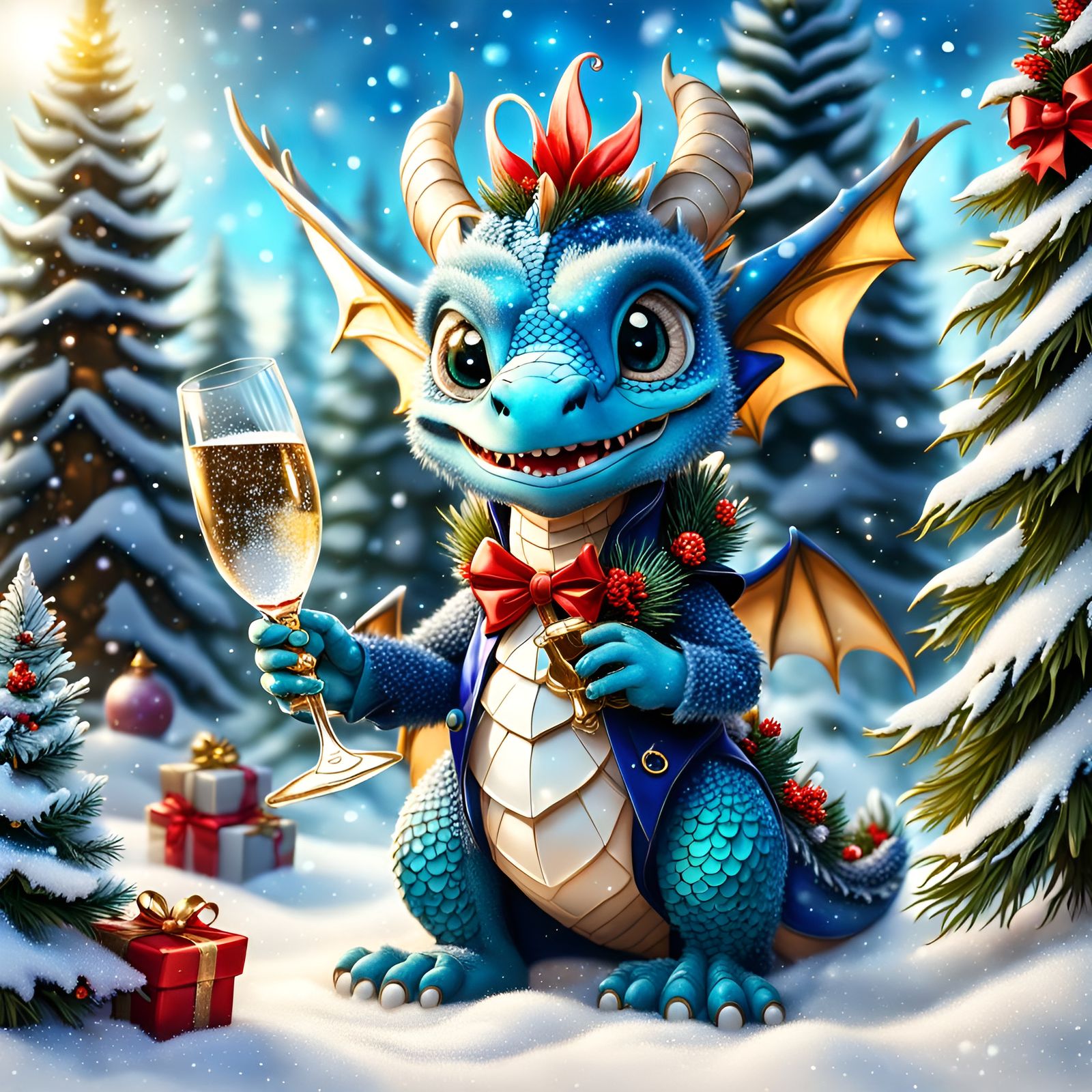 Dragon and Santa Decorating Christmas Tree