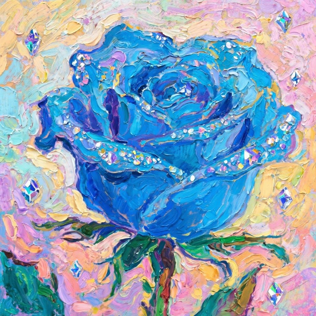 Blue Rose Sparkling Neo-Impressionist Oil Painting