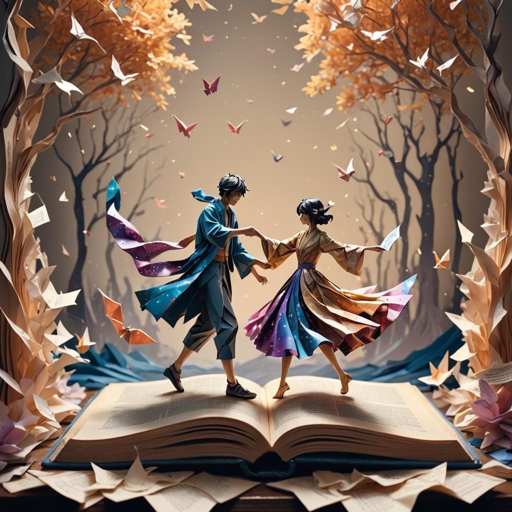 Paper Couple Dancing on Book in Miyazaki Style