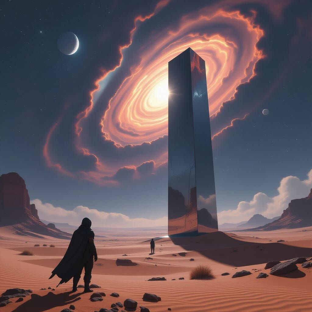 Explorer Gazing at Chrome Monolith on Alien Desert