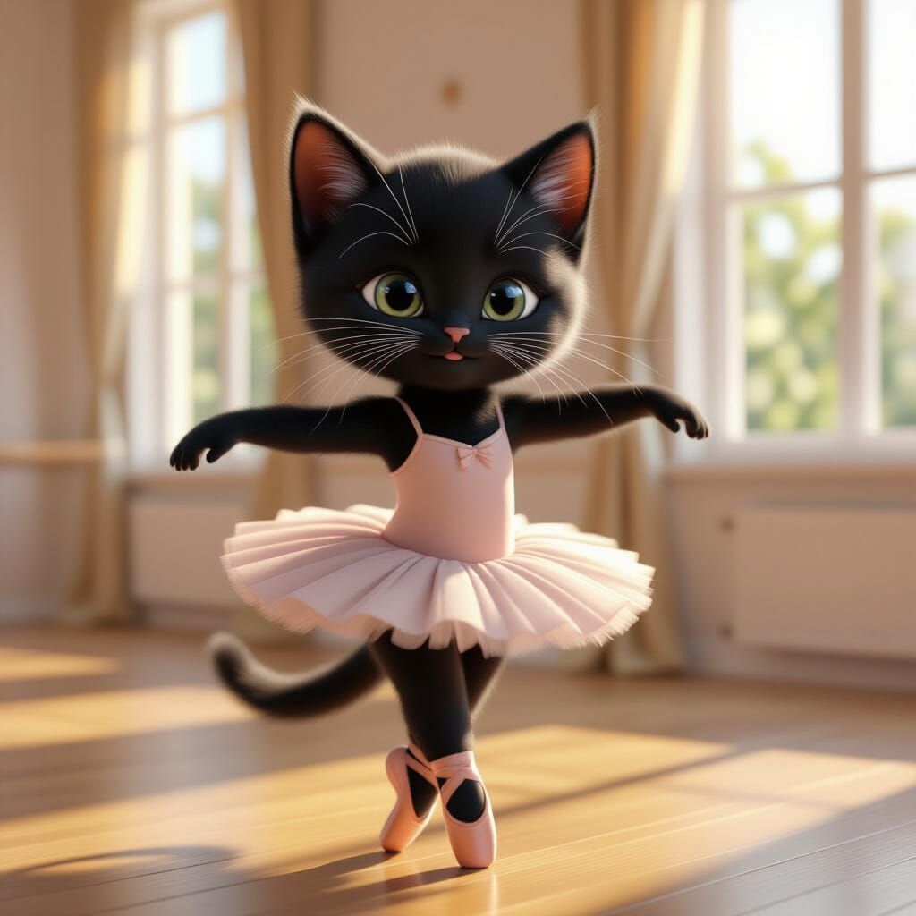 Adorable Black Kitten Ballerina Twirling in Sunny Studio