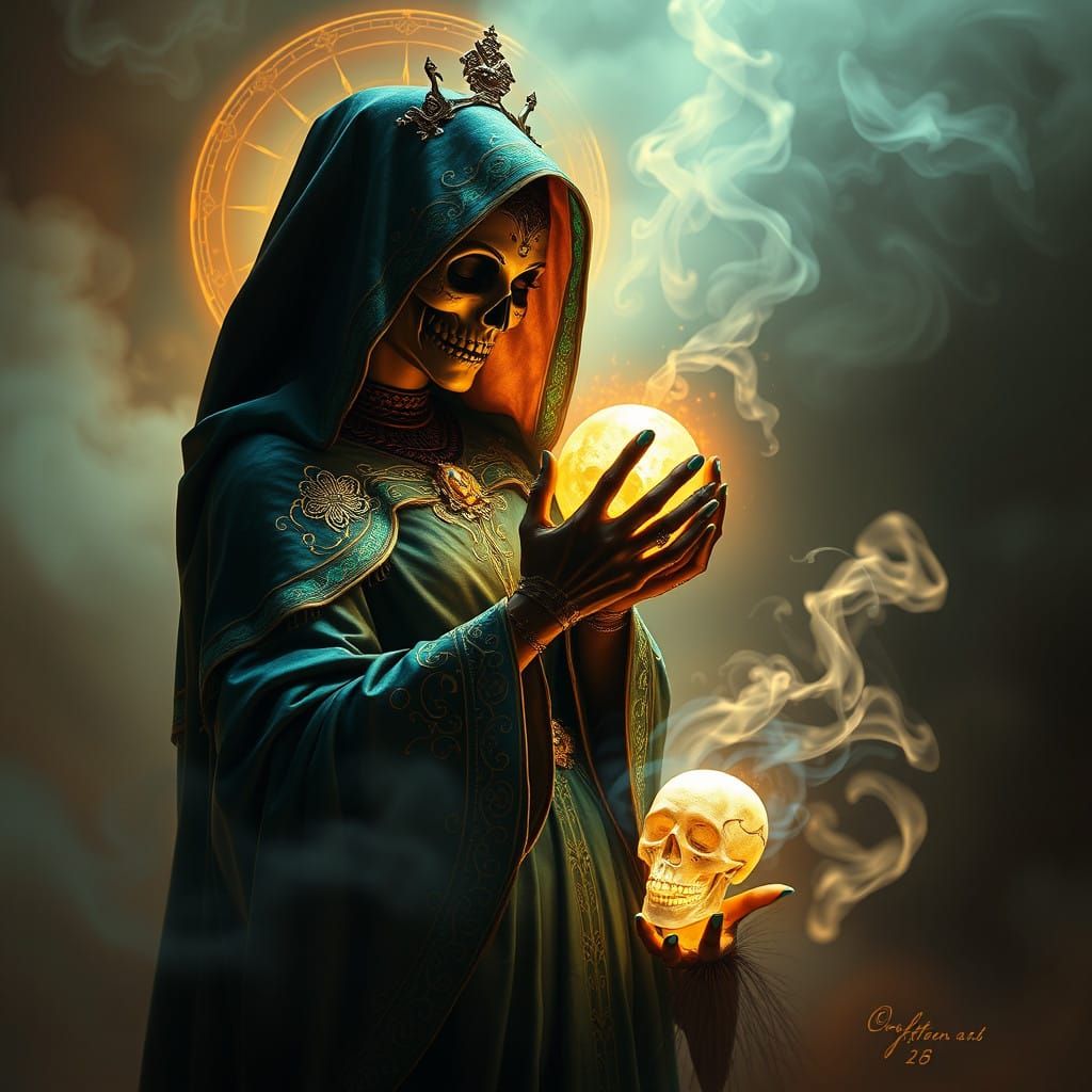 Surreal Aztec Grim Reaper Goddess in Turquoise Cloak, Illumi...