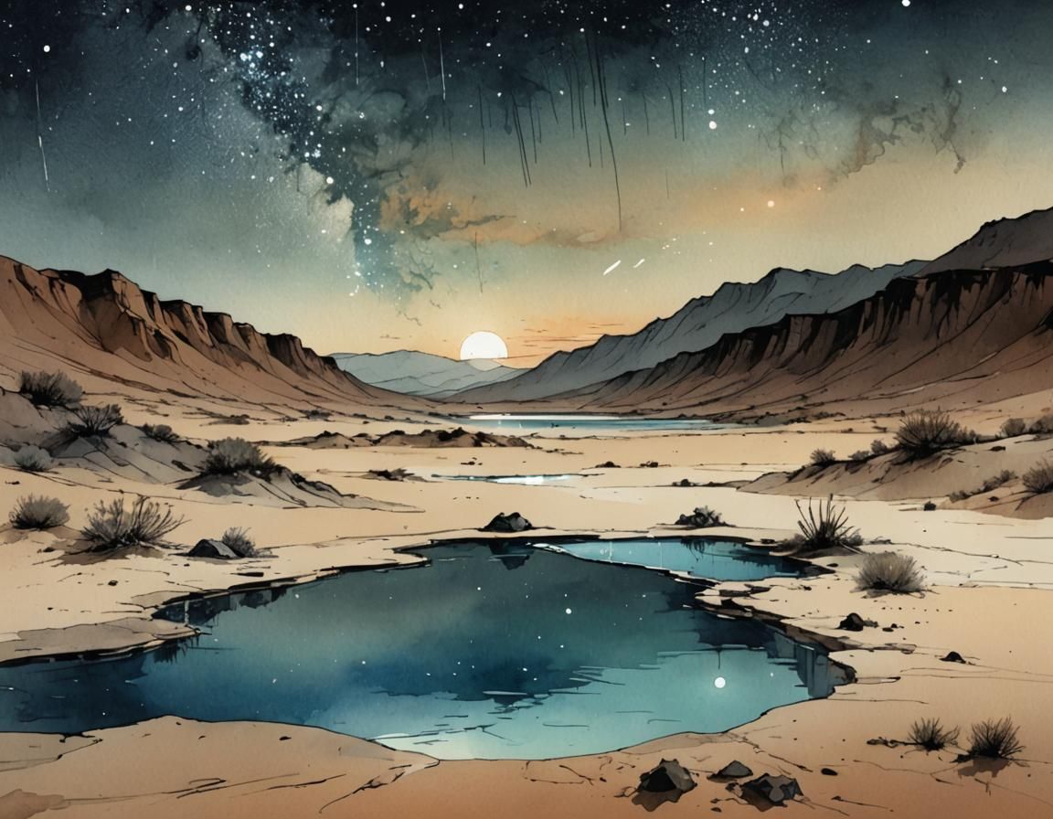 Night Sky Reflected in Desert Pools, Watercolor Style