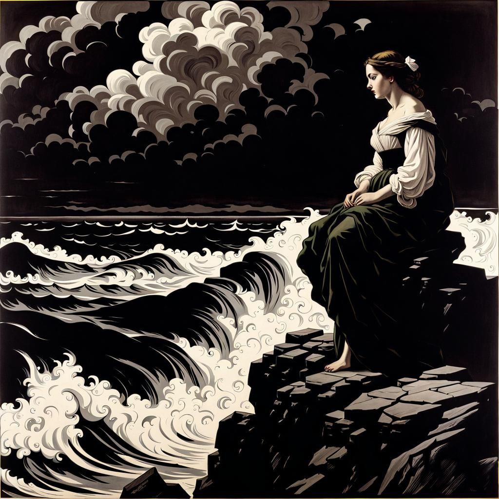 Woman on Cliff Above Stormy Sea: Classic Ink Print